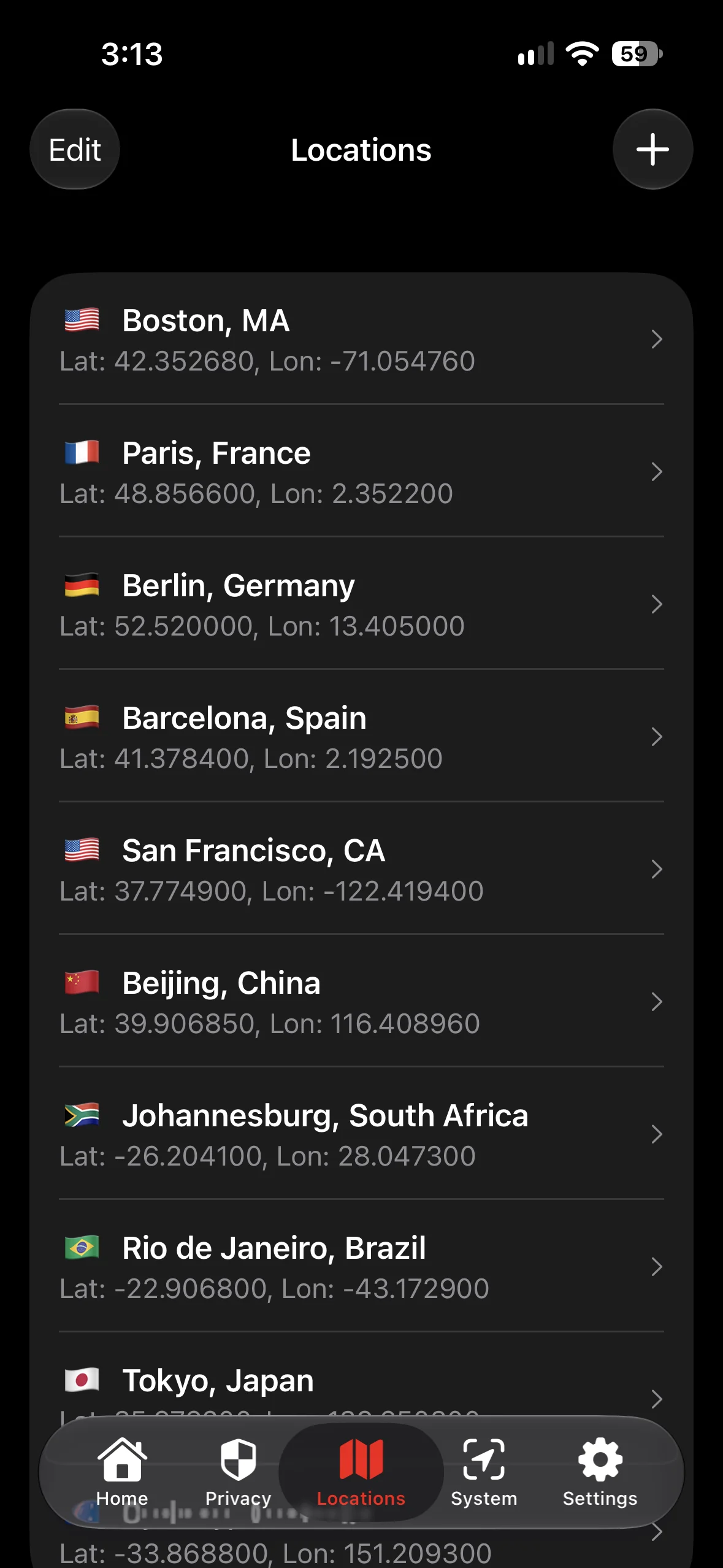 GeoCeptor saved locations screen on iPhone