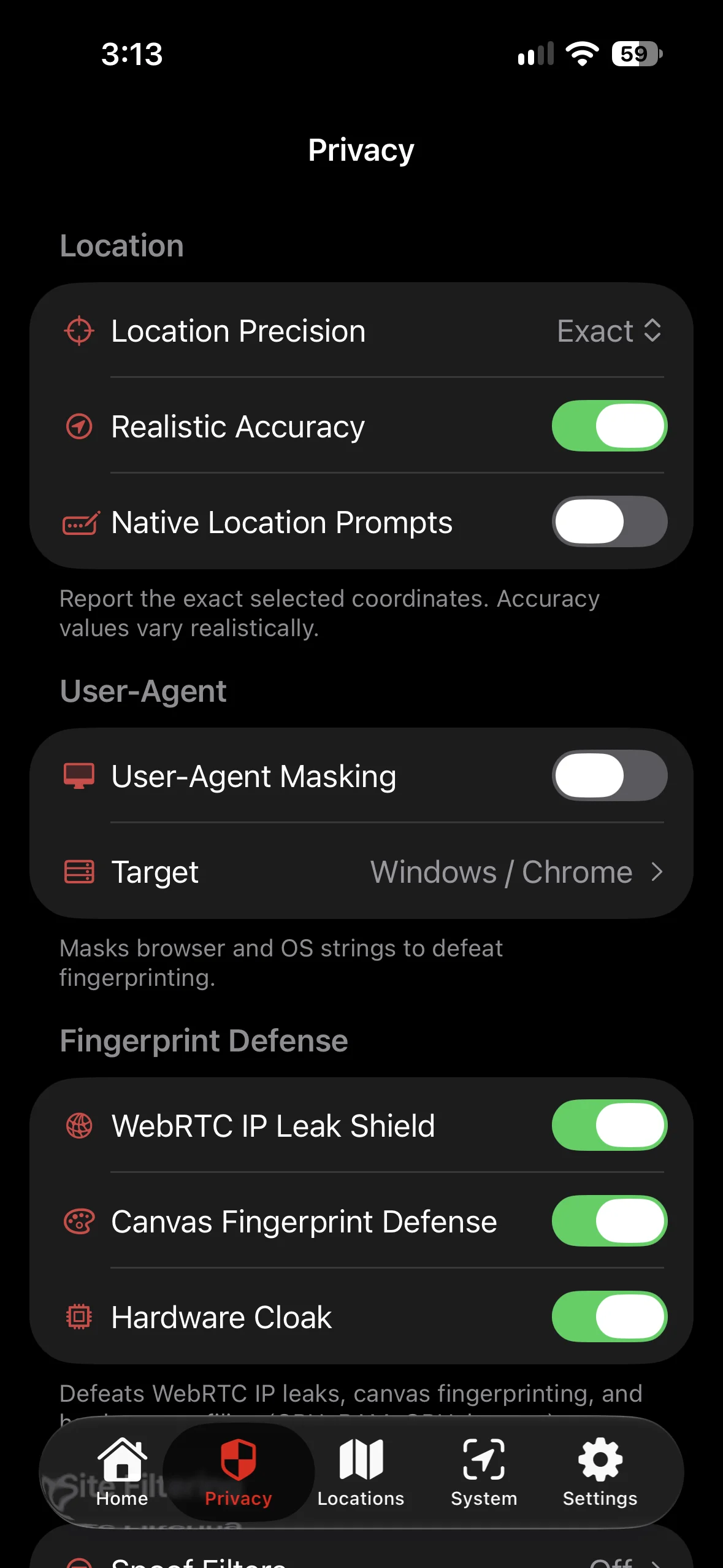 GeoCeptor Safari privacy settings on iPhone