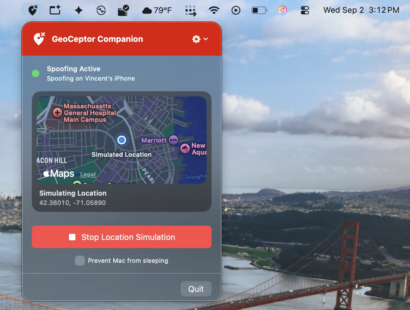 GeoCeptor Companion running as a macOS menu bar app