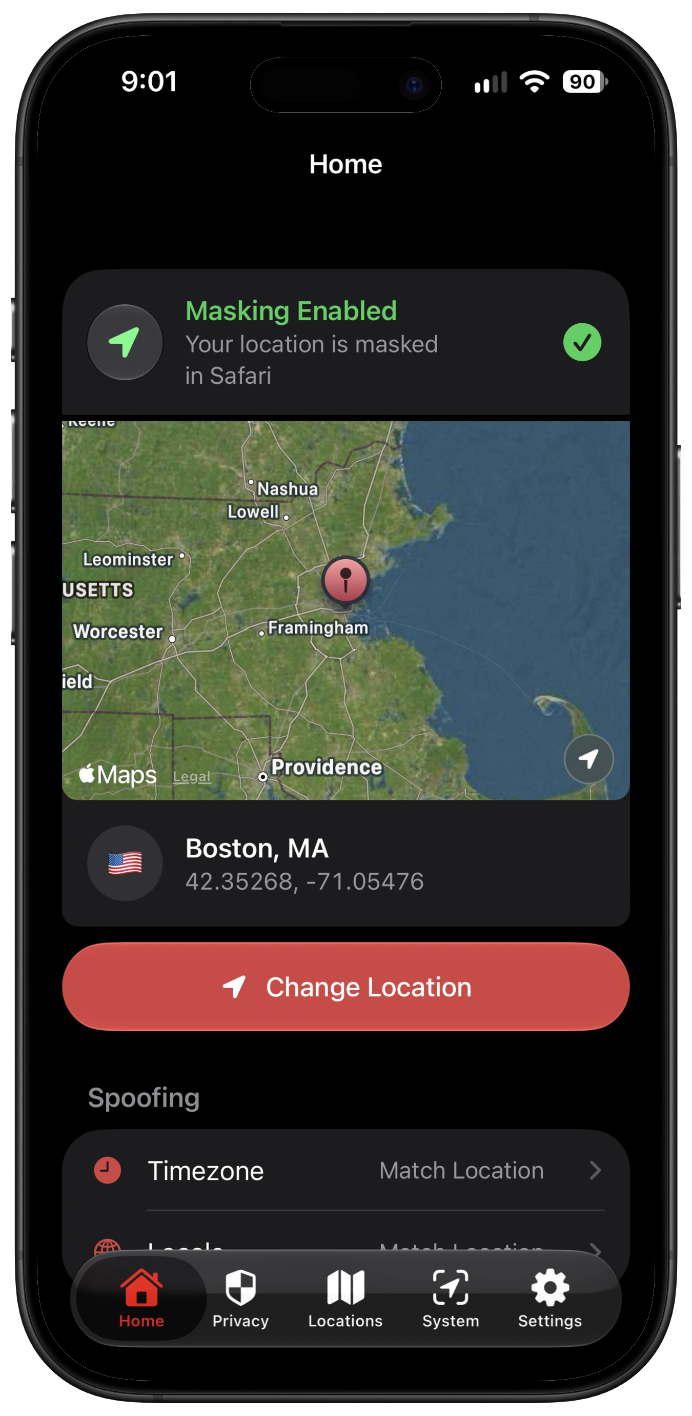 GeoCeptor v1.4 showing location masking enabled in Safari on iPhone