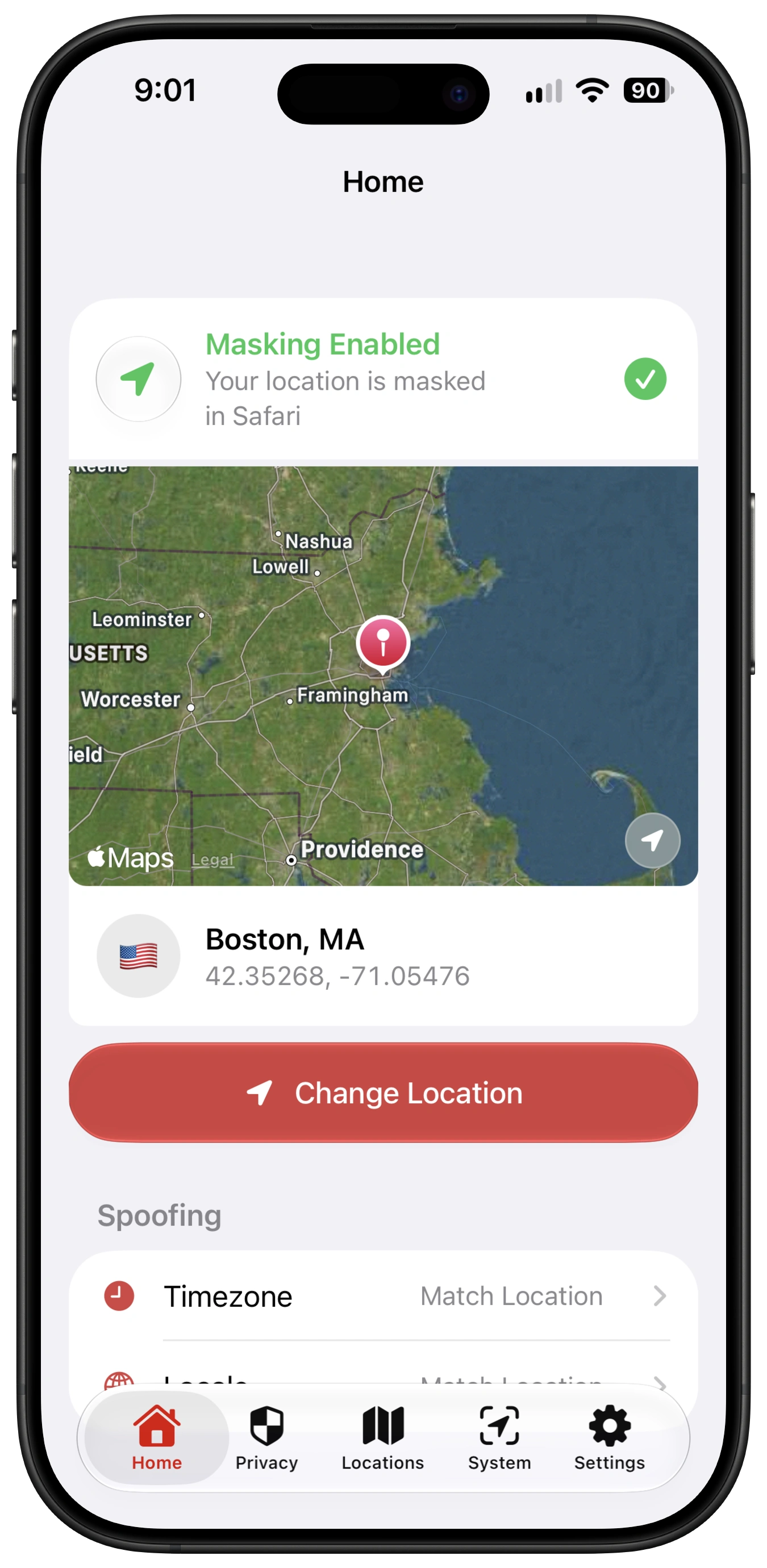 GeoCeptor v1.4 showing location masking enabled in Safari on iPhone